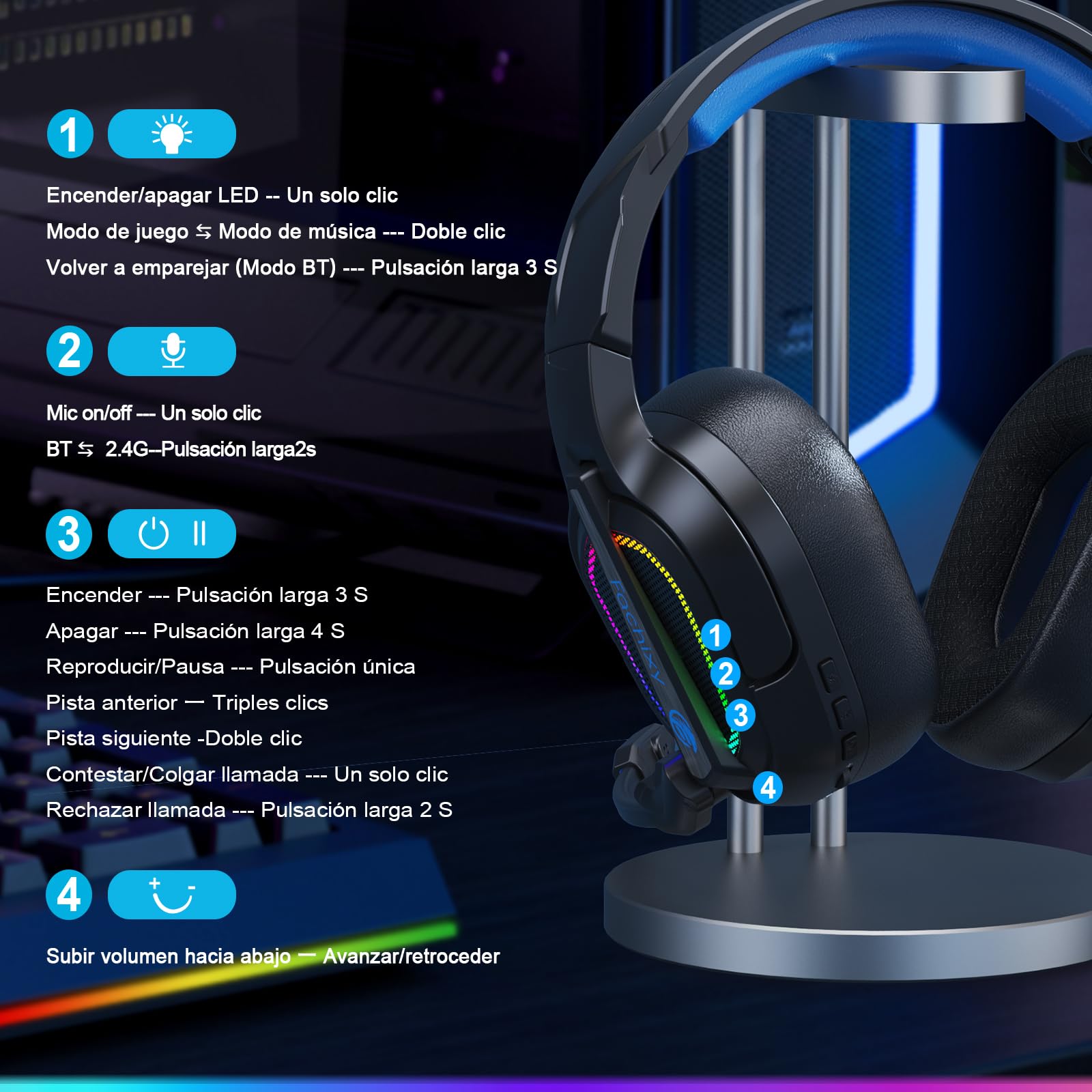 Fachixy「2025 Nuevo」FC200 Cascos Gaming Inalámbricos para PC, PS5, PS4, Auriculares Gaming Inalámbricos de 2,4GHz Wireless+Bluetooth - Baja Latencia, Duración 40Hr+, Luces RGB (Azul-Negro)