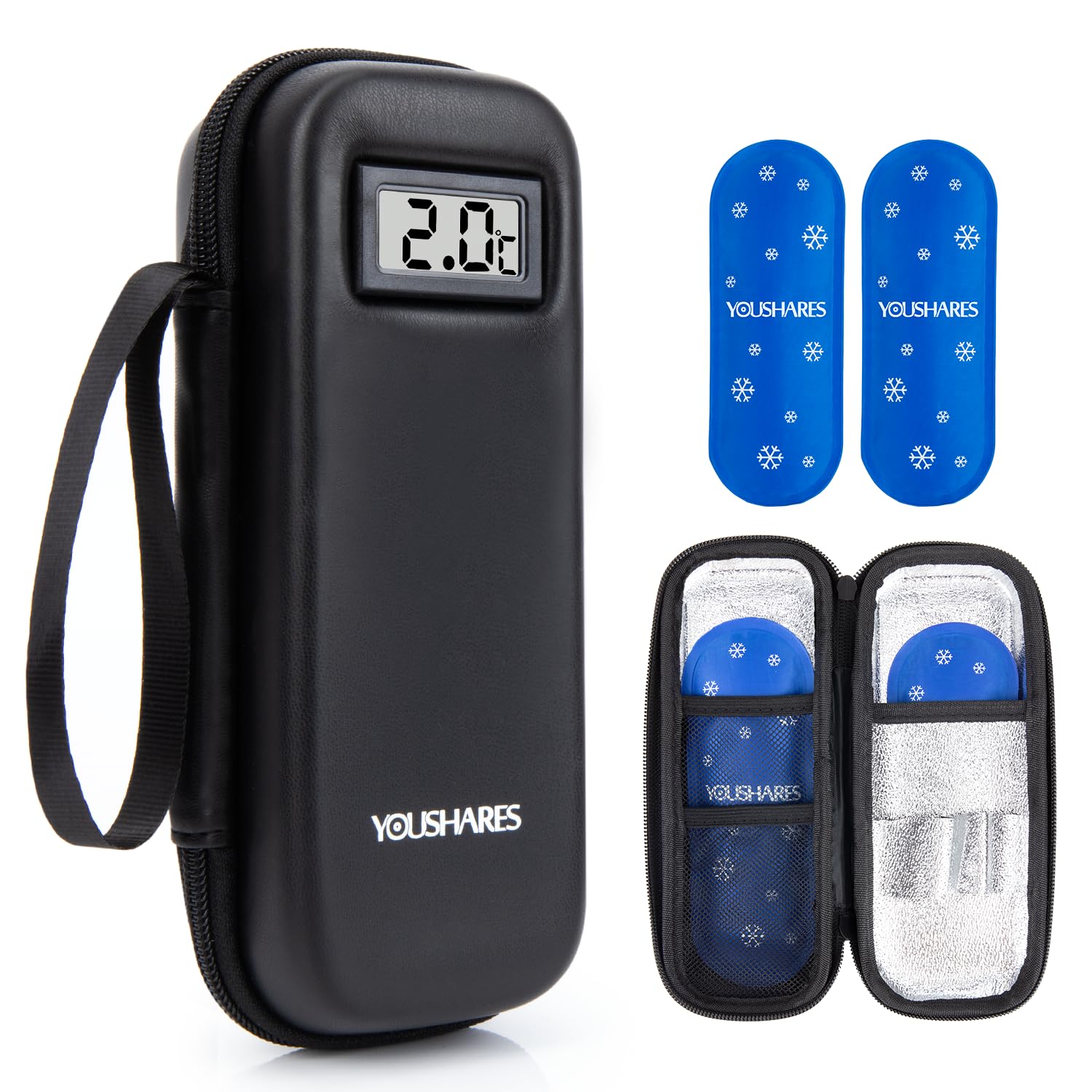 YOUSHARES Insulin Cooler Travel Case with Temperature Display - Refrigerated Medicine Cooling Bag with 2 TSA Approved Ice Pack, Medication Pen Diabetic Supplies Organizer for Trip and Daily