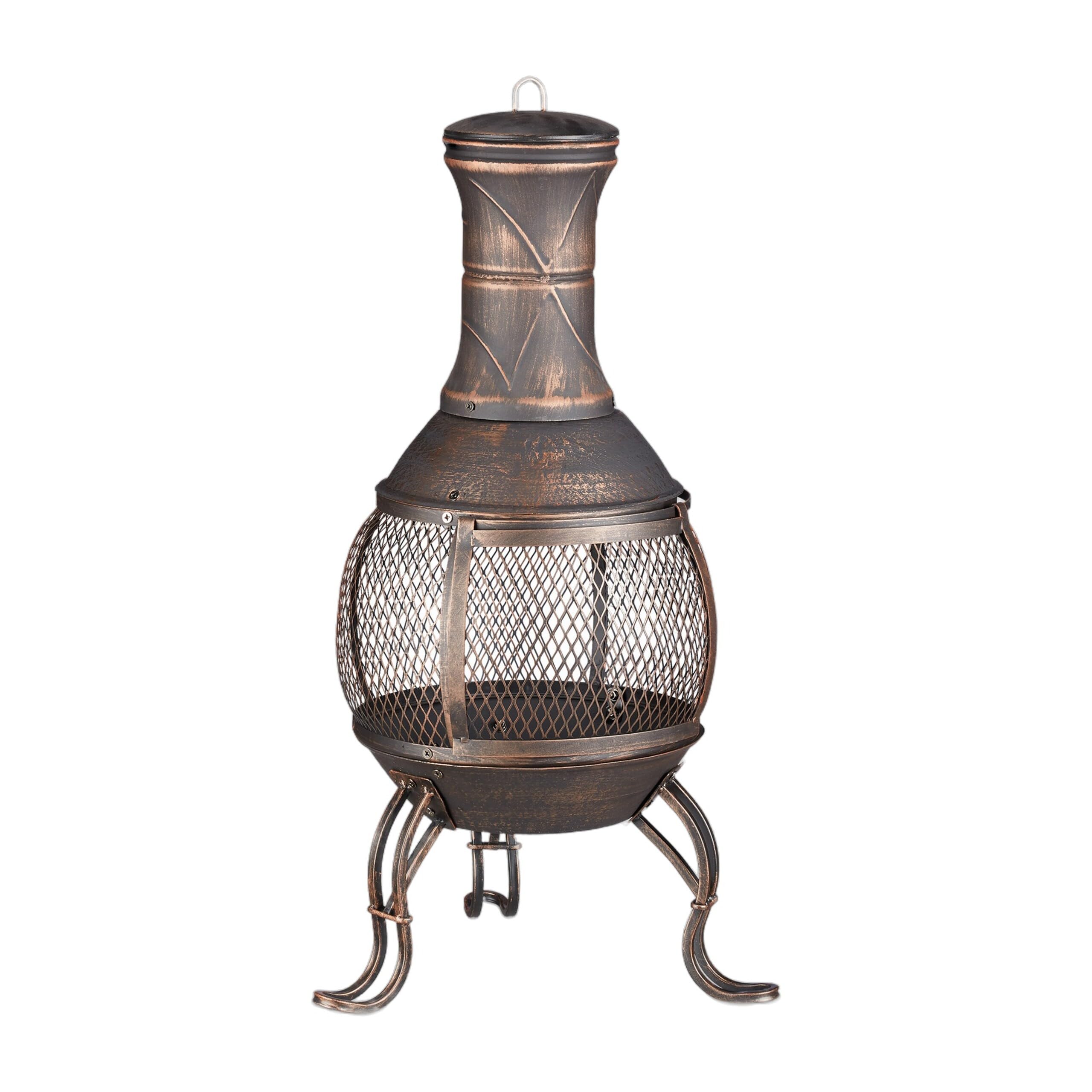 Relaxdays Brasero de Jardín, Atizador, Rejilla, Protección Antichispas, Parrilla, Horno Exterior, Altura 89 cm, Bronce