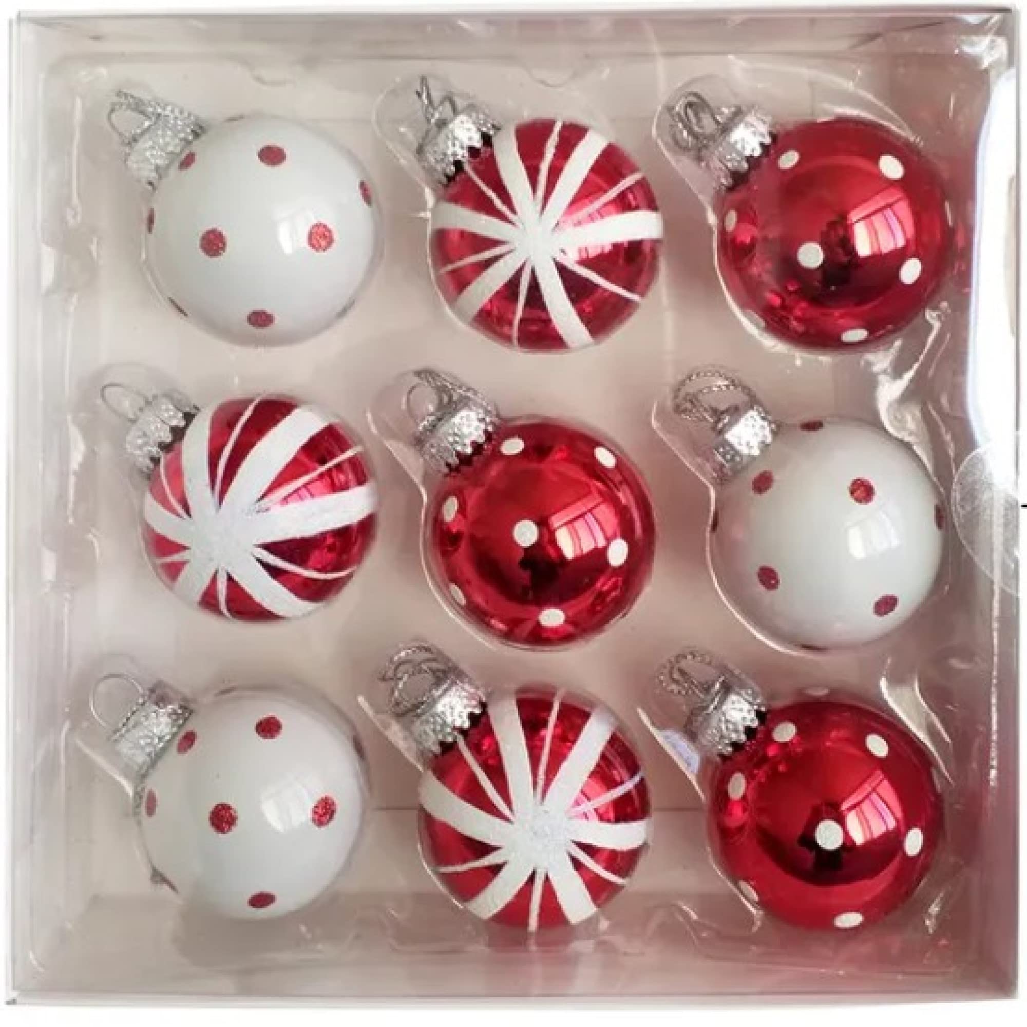 Miniature Red White Glass Ball Ornaments 12 Piece Set for Christmas Decor