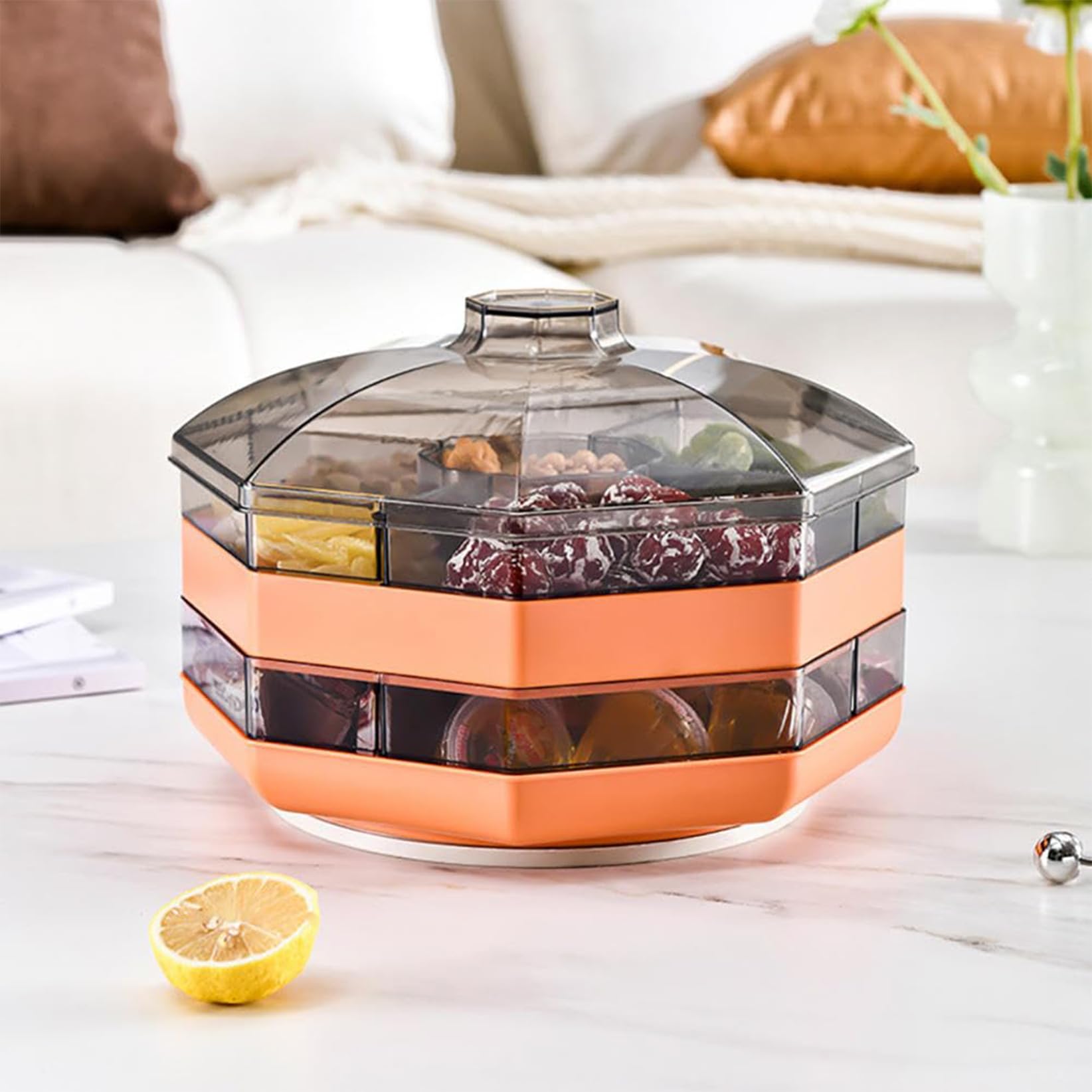 Plateau à fruits rotatif double couche avec couvercle – Plateau de service divisé pour fruits, noix, fruits secs et apéritifs – Design blanc élégant pour fêtes et rassemblements