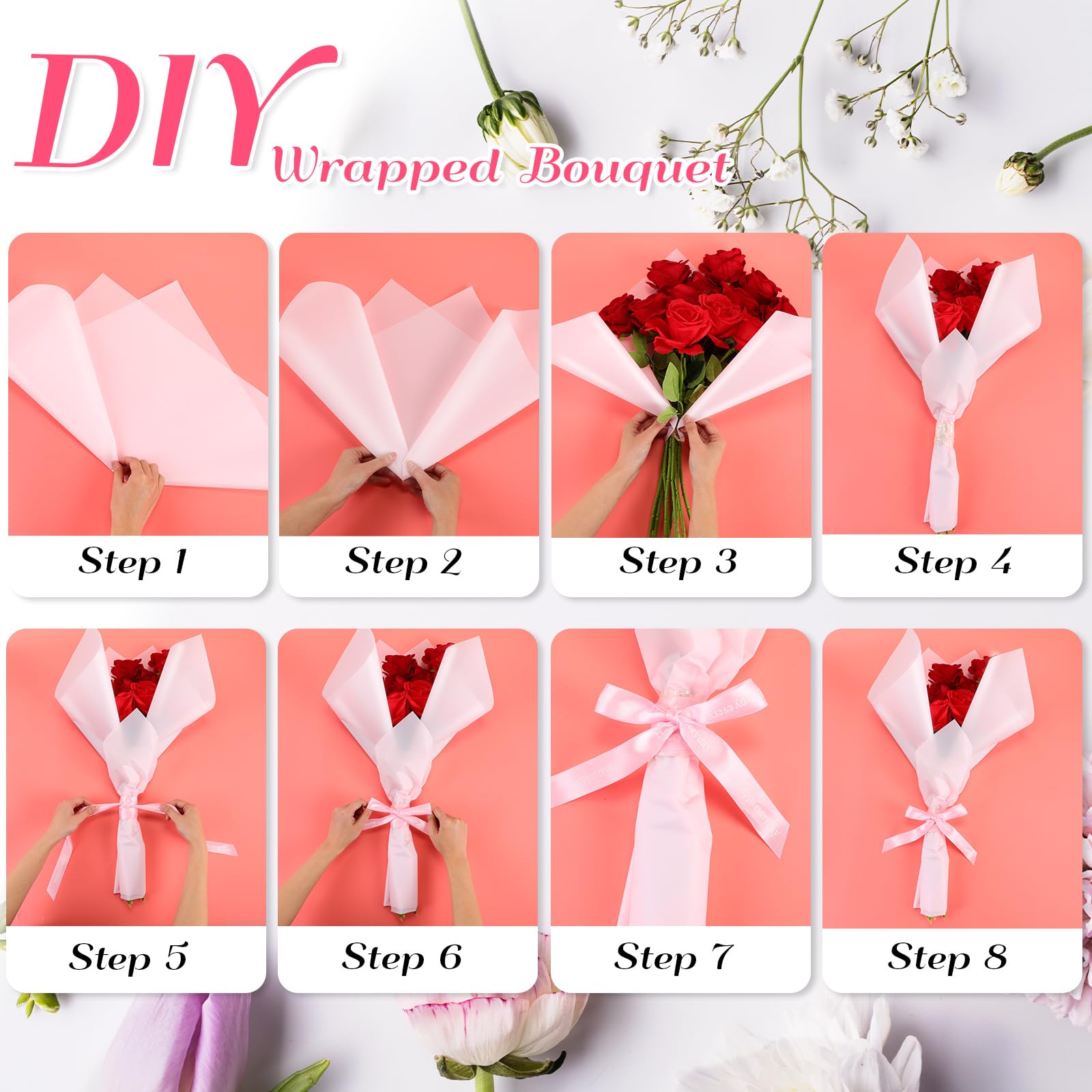 Ctosree 320 Blatt Blumen-Geschenkpapier, wasserdicht, Blumenverpackungspapier, Floristenstrauß, Zubehör, DIY, Handwerk, Geschenkverpackung, für Muttertag, Hochzeit, Festival, 60 x 60 cm (Rosa)