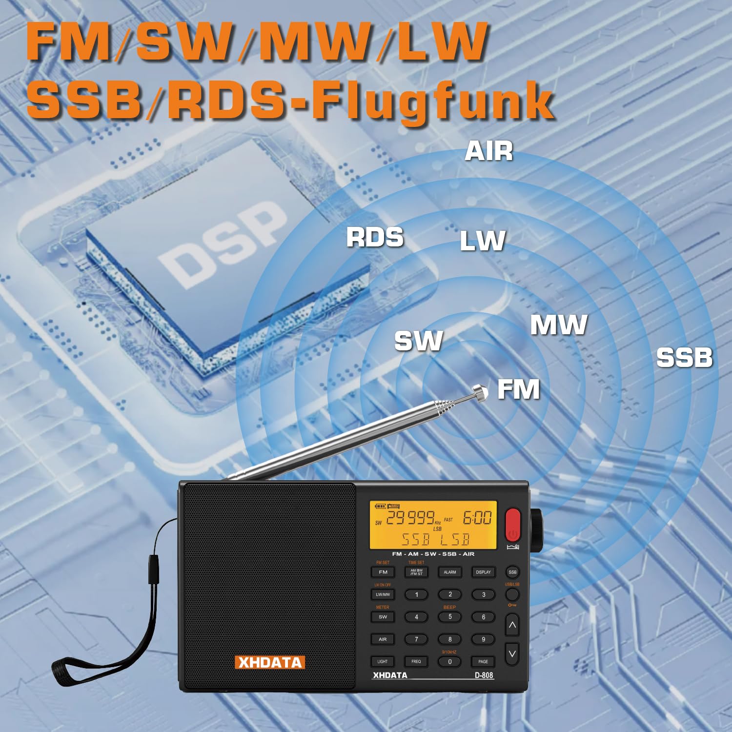 XHDATA D808 Tragbares Digitales Radio, Weltempfänger Radio, Kurzwellenempfänger, UKW-Stereo/KW/MW/LW SSB Air Band Weltempfänger, RDS, Radio batteriebetrieben, mit Externer Antenne (Schwarz)