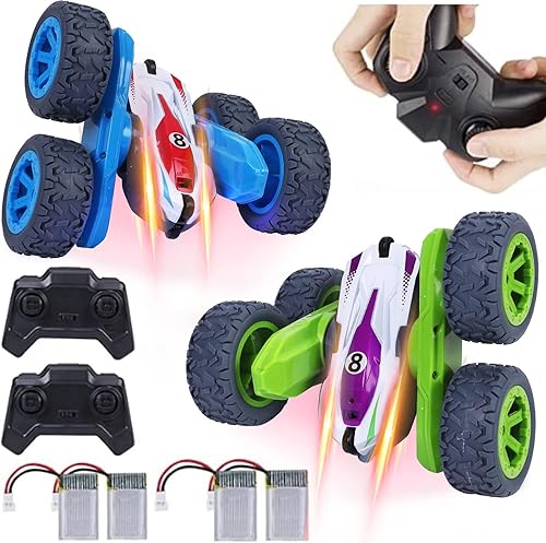 GIMMYFIVE Paquete de 2 autos de acrobacias a control remoto de doble cara con 360 giros, faros LED