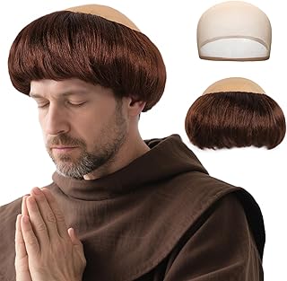 Hair Cap Monk Wig Short Brown Bald Wig for Men Brown Synthetic Hair for Halloween Fair Cosplay Mens Funny Wigs Cosplay Monk Outfit for Costume Party