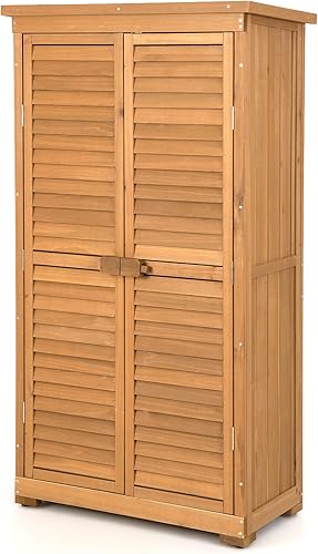 GOFLAME Armario de almacenamiento para exteriores de 63 pulgadas, cobertizo de almacenamiento de madera con 3 estantes extraíbles, techo de asfalto