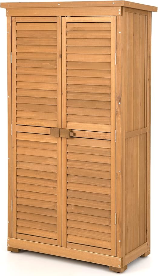 GOFLAME 63” Outdoor Storage Cabinet, Wooden Garden Storage Shed with 3 Removable Shelves, Waterproof Asphalt Roof, Adjustable Footpads, Latch, Outdoor Tall Vertical Tool Shed for Garden Porch Deck