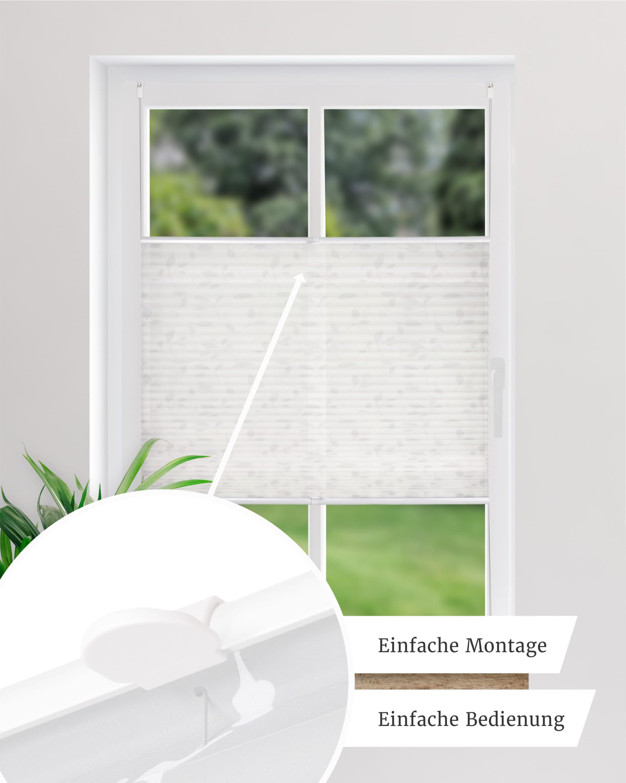 by Garesa Fenster Klemmfix Plissee ohne Bohren Blätter Motiv 110 x 130 cm, Grau - Lichtdurchlässiger Fenster Sichtschutz und Fenster Deko, Faltrollo