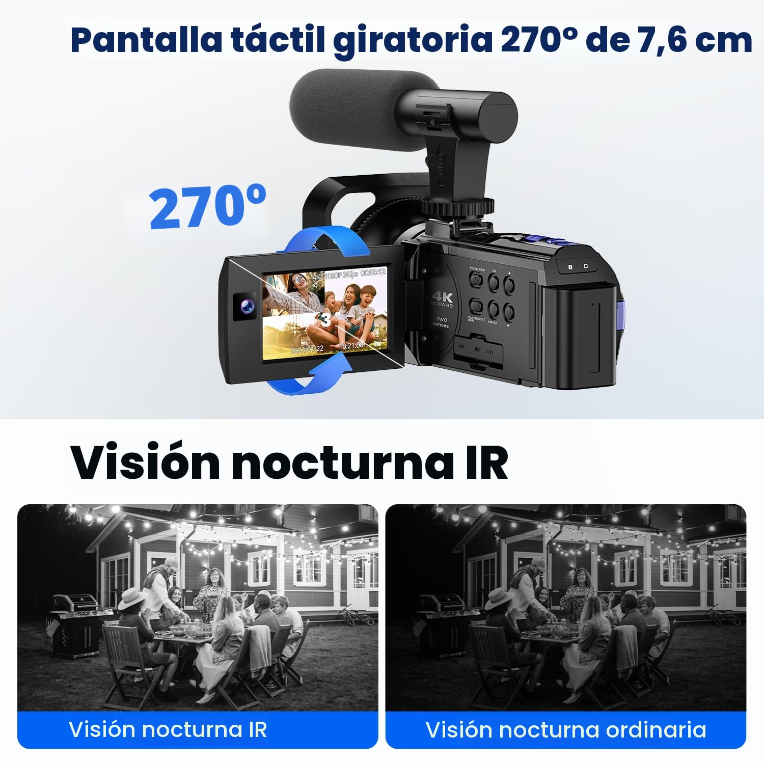 Cámara de vídeo 5K 56MP videocámara Doble Lente WiFi 16X Pantalla táctil de 3.0" cámara Vlog para Youtube grabadora de vídeo con visión Nocturna por Infrarrojos 2 baterías, Tarjeta de 64GB,micrófono
