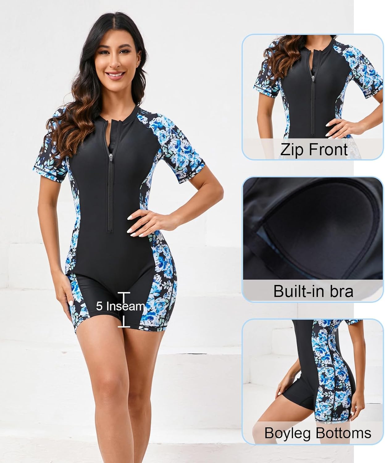 Halcurt Women's Boyleg One Piece Rash Guard with Built in Bra Zip Front UPF50+ Short Sleeve Full Body Surfing Swimsuit