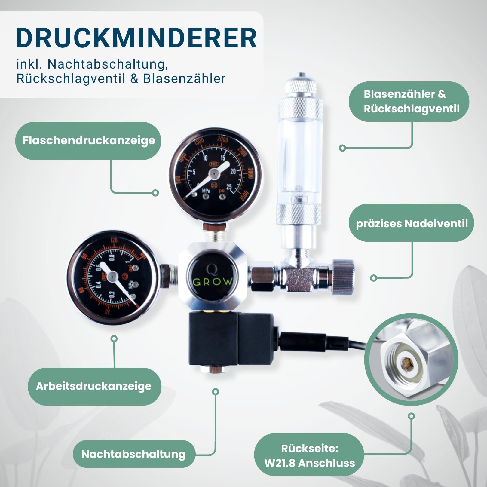 Q-Grow CO2 Anlage Aquarium Komplettset – einfach und universell - Inkl. transparentem Diffusor, Dauertest, Druckminderer, 425g CO2 Flasche, bis 1000L