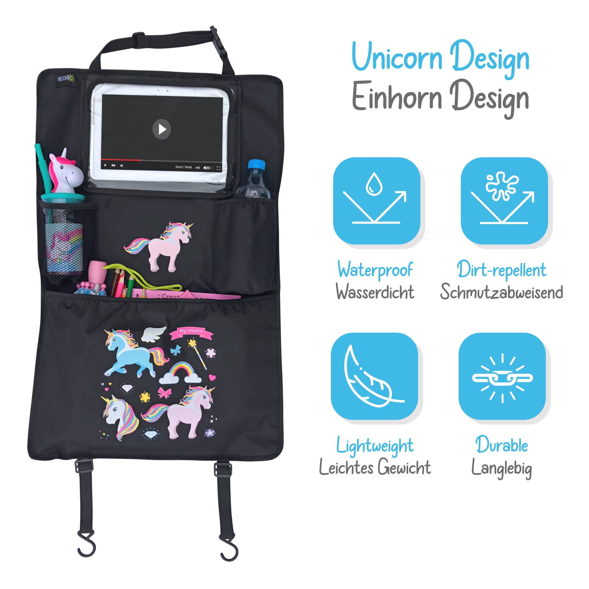 HECKBO 2x Protezione schienale sedile auto bambini con organizer e tasca tablet regolabile e scomparti porta accessori – Monster unicorno – 70x45 cm – incl. portabibite + rete portaoggetti