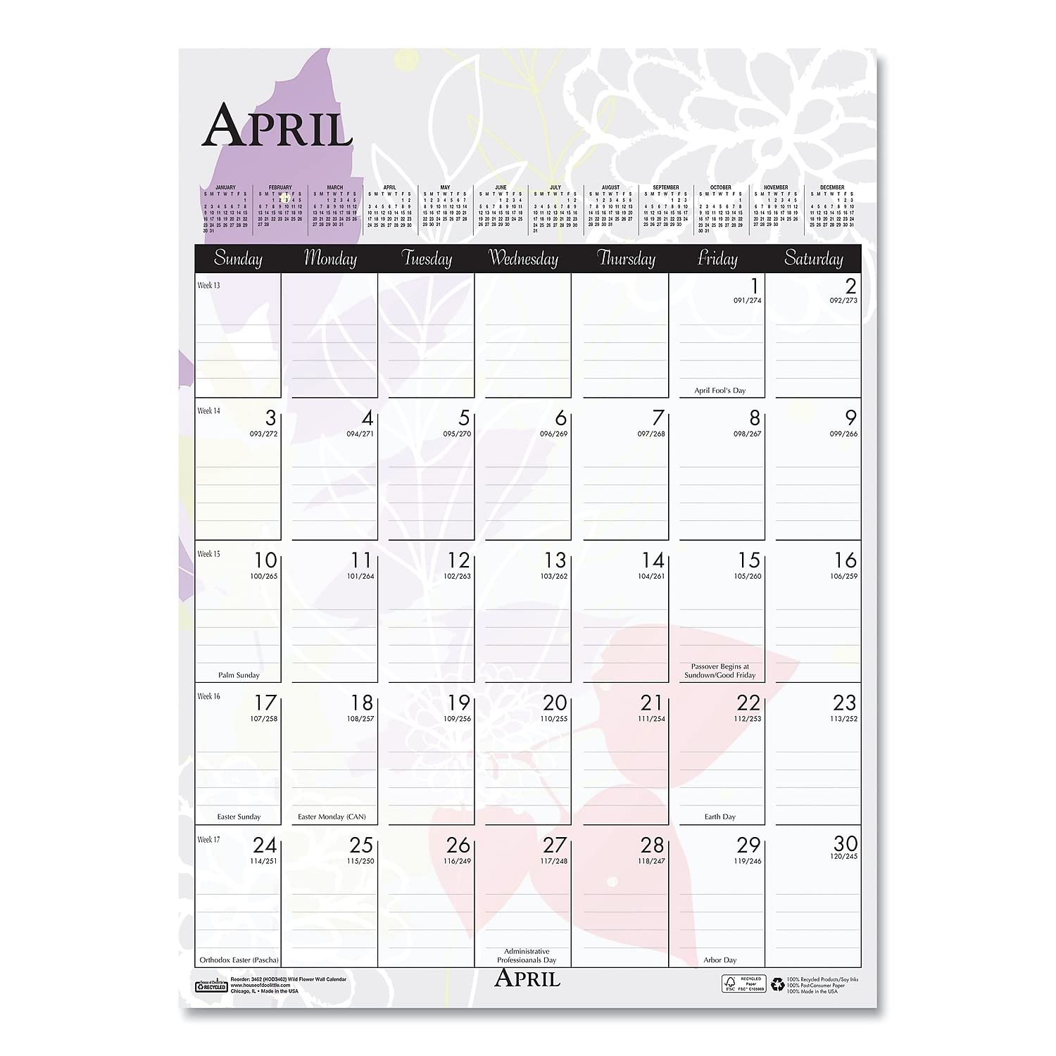 House of Doolittle Monatlicher Wandkalender 2023, Wildblume, 30,5 x 41,5 cm, Januar - Dezember (HOD3462-23)