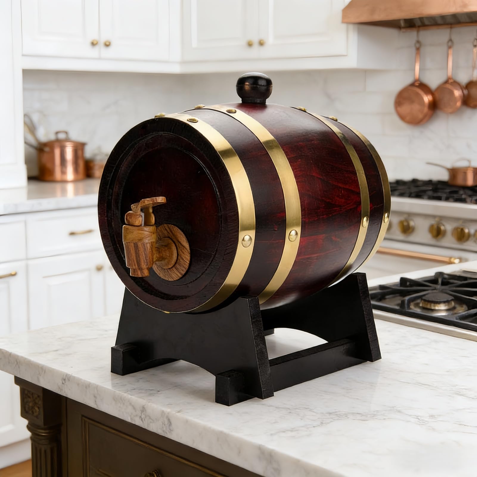 TARSHYRY Barril Vino,Barril de Envejecimiento de Roble de 1.5 Litros con Soporte para Whisky,Puerto de Ron que Mejora el Sabor y la Suavidad,Esencial para el Barman en el Hogar,Barrica de Fermentación