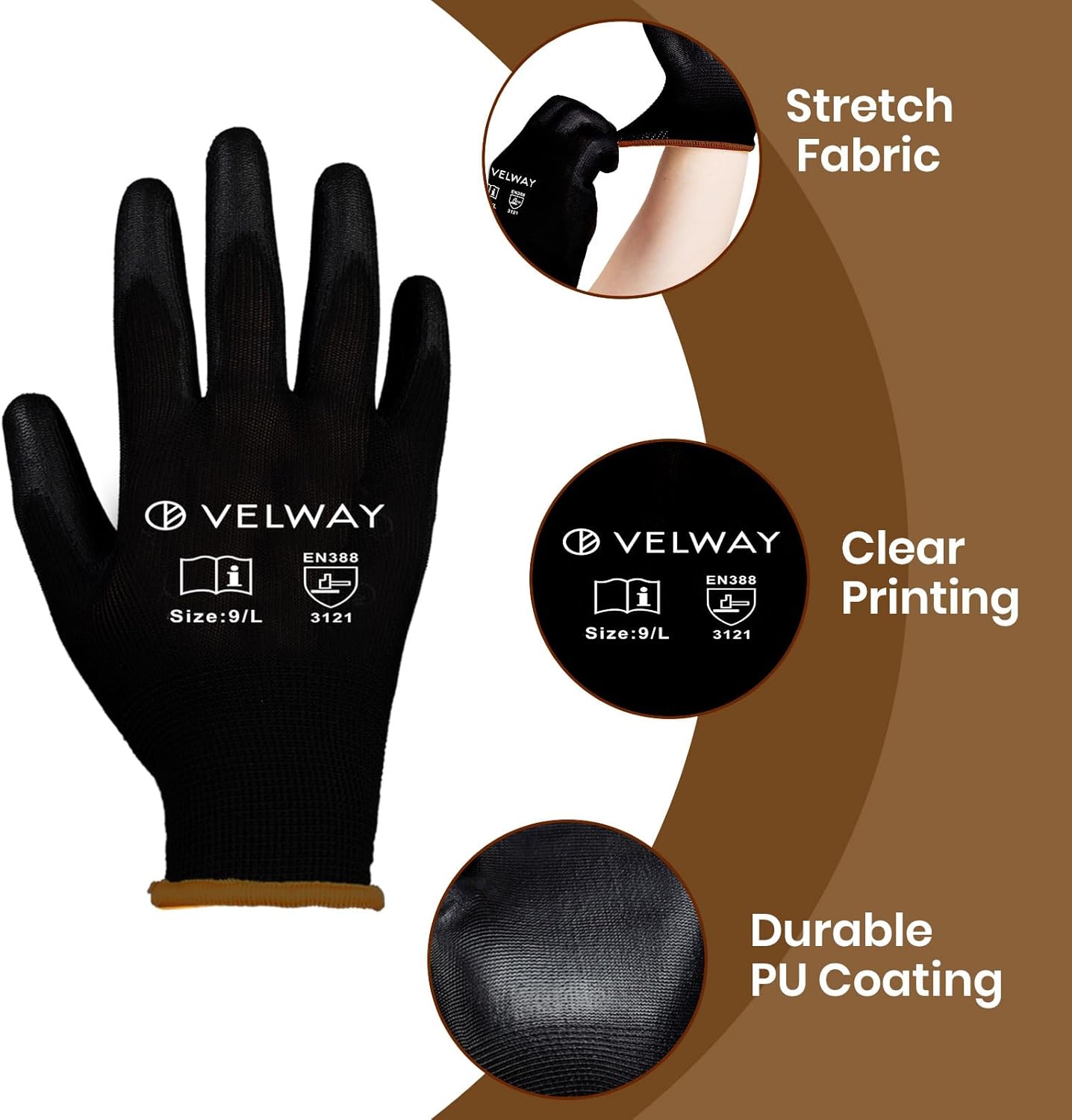 Velway Safety Work Gloves 12 Pairs - PU Coated Seamless Knit Working Gloves with Grip for Men Women Lightweight Breathable Ideal for Gardening Warehouse Construction General Duty Work (Black, Large) - Image 2