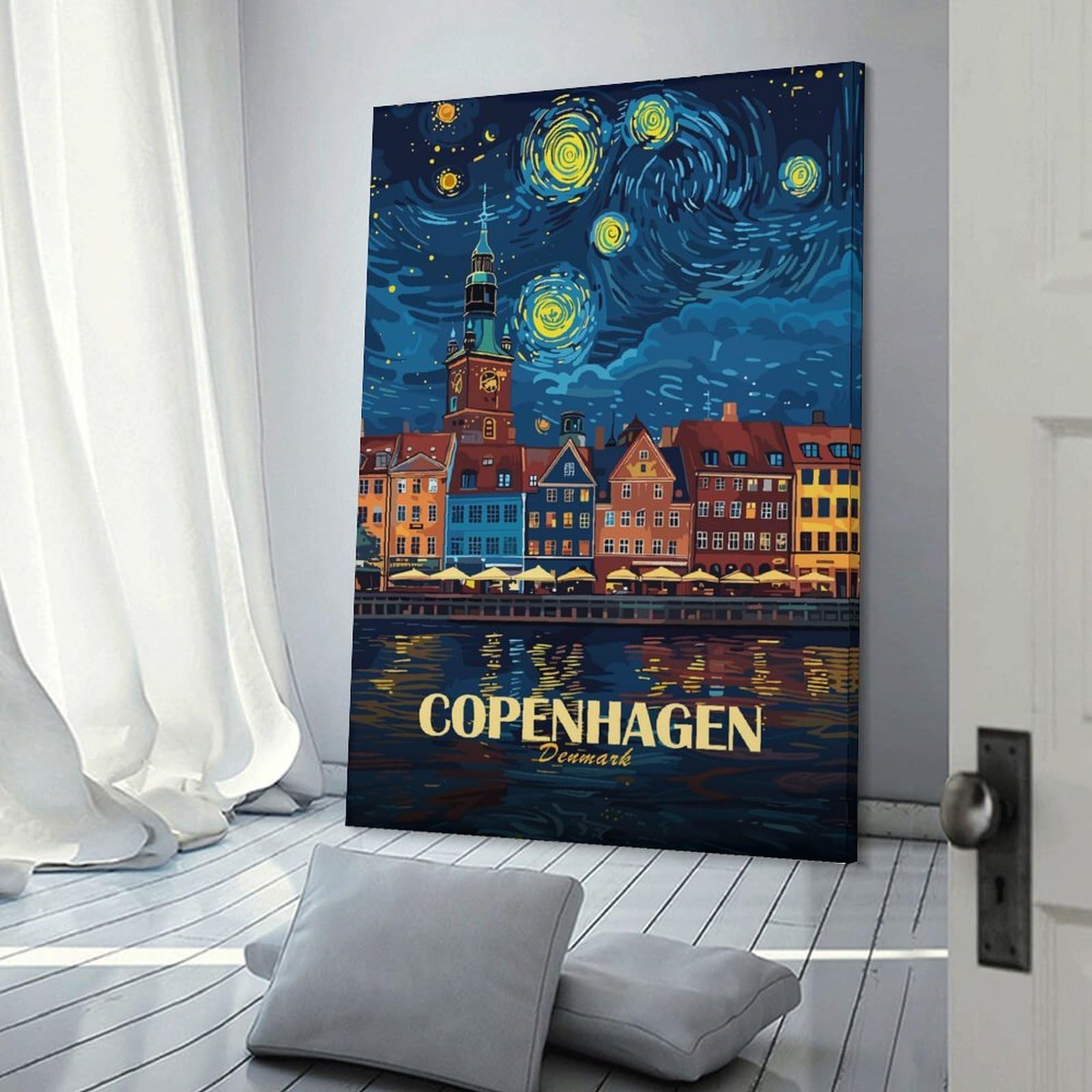 Junmoney Frame-Style-15 Canvas Art Print Copenhagen, Denmark, Starry Night Style, 24X36inch(60X90cm), For Home Office, Desk Area Or Studio, Wall Art That Adds Style To Work Areas