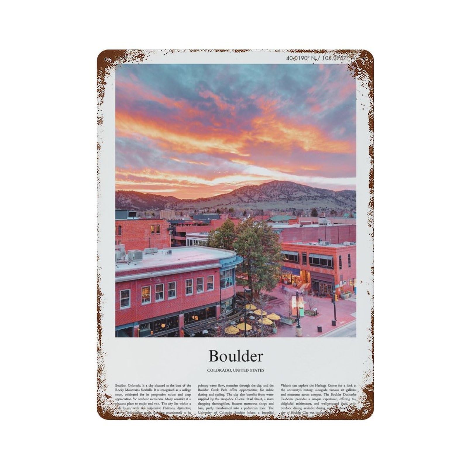 xiaoxiaoshen Boulder Boulder, Colorado City Scenery Wall Decor Art Metal Tin Poster Modern Home Decor Art Home Bar Shop Decorations Vintage Sign 40x30cm