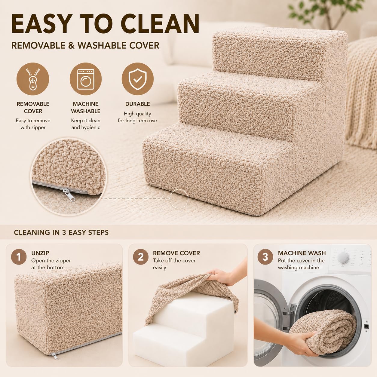 Muralo Escalier pour Chien 3 Marches 30 cm - Marchepied Antidérapant pour Petits Chiens et Chats, Jusqu’à 17 kg, Housse Bouclé Déhoussable et Lavable - Accès Facile au Canapé et au Lit (Beige)