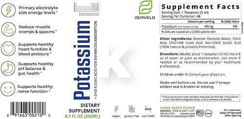 Miniatura 2 de Suplemento iónico líquido de citrato de potasio | Electrolito de potasio | Apoya un corazón saludable | Equilibrio de pH intestinal saludable |