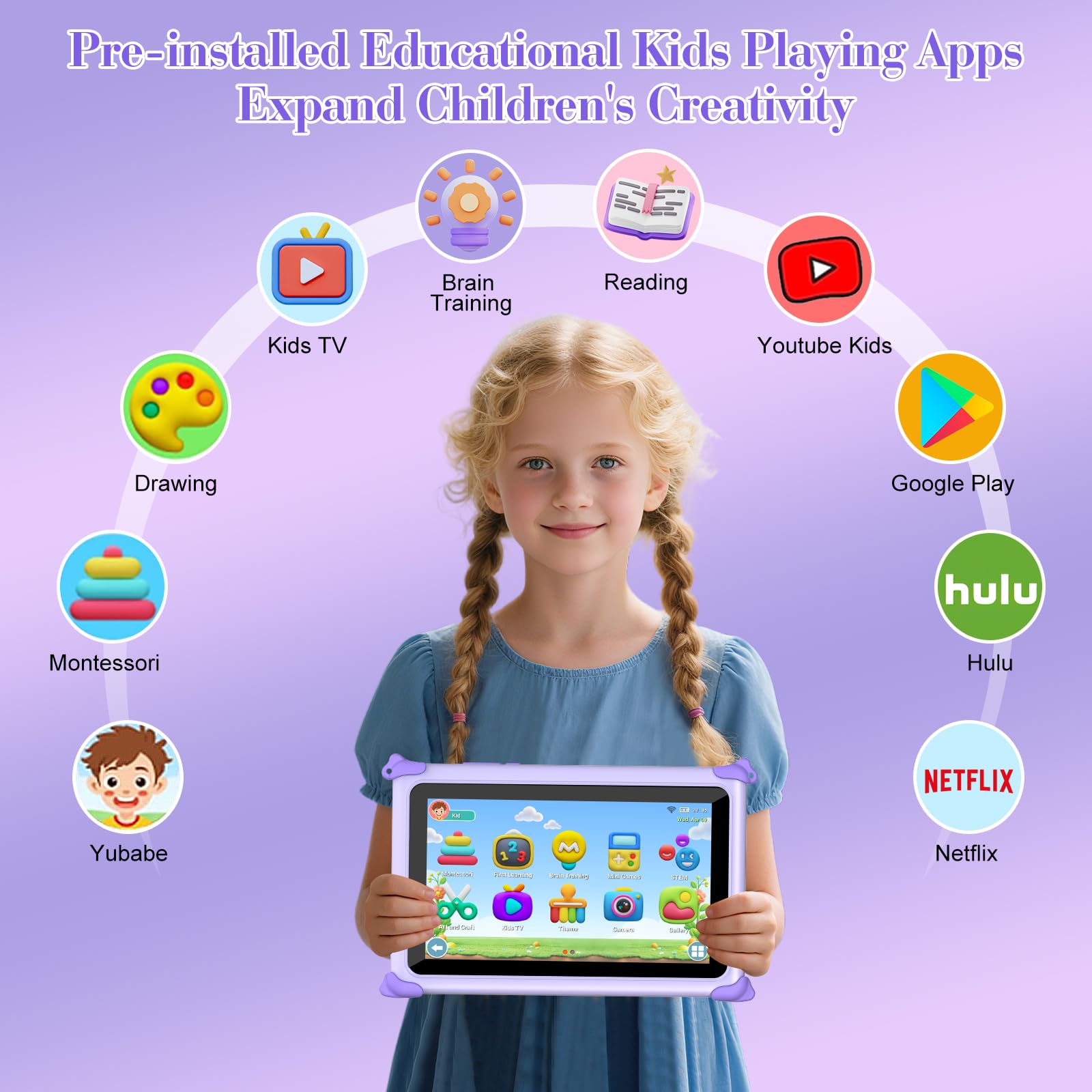 Kids Tablet 7 inch Tablet for Kids 3-12 32GB Toddler Children's Tablets with WiFi, YouTube, Baby Tablets with Shockproof Case, IPS Screen Parental Control GMS Education Games for Girls Boys (Purple)