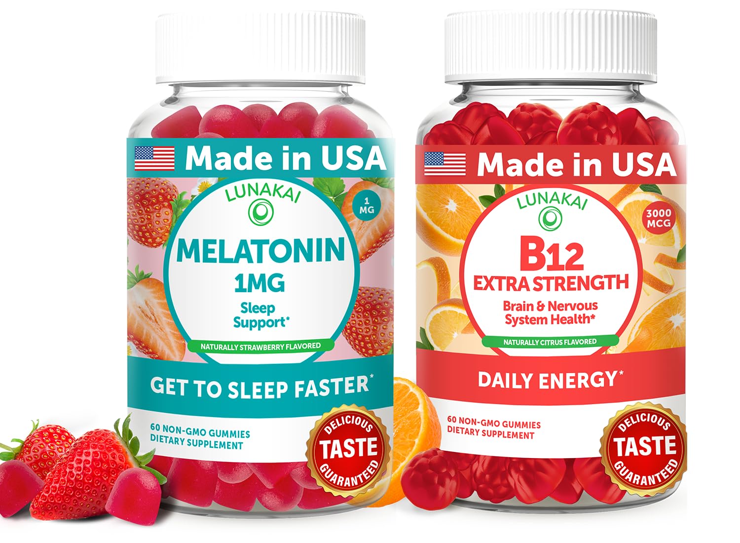 Lunakai USA Made Low Dose Melatonin & B12 Gummies Bundle – Sleep Support & Daily Energy – 60 Non-GMO Gummies Each