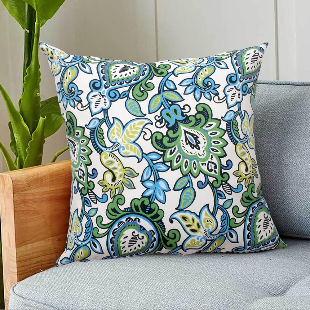 Magpie Fabrics Pack of 2 Outdoor Waterproof Throw Pillow Covers 18 x 18 Inch, Christmas Decorative Cushion Sham Pillowcase Shell for Garden Patio Tent Balcony Couch Sofa(Floral Blue Green) - Image 5