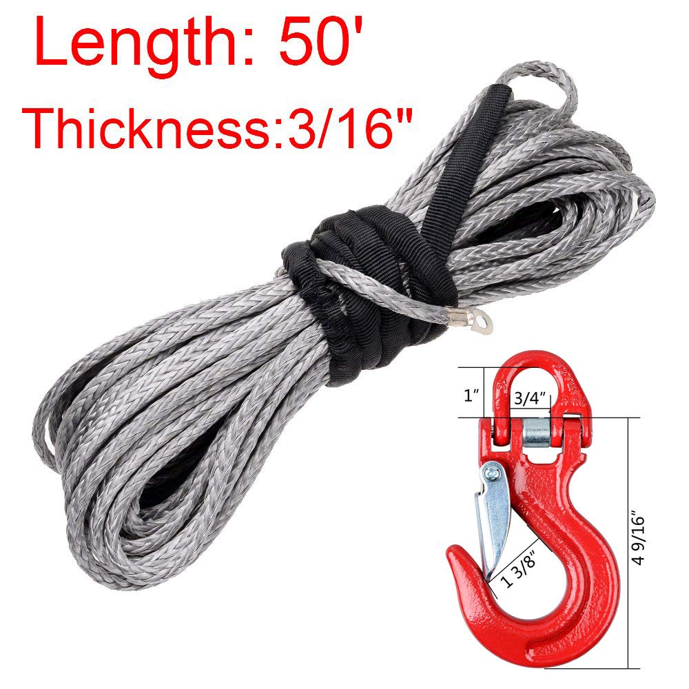(1pc) Gray 50ft x 3/16 inch 5400lbs Synthetic Winch Line Cable Rope w/Red Forged Steel Half-Linked Winch Hook + Hawse Fairlead + Winch Stopper for Jeep ATV UTV Pickup Truck Vehicle