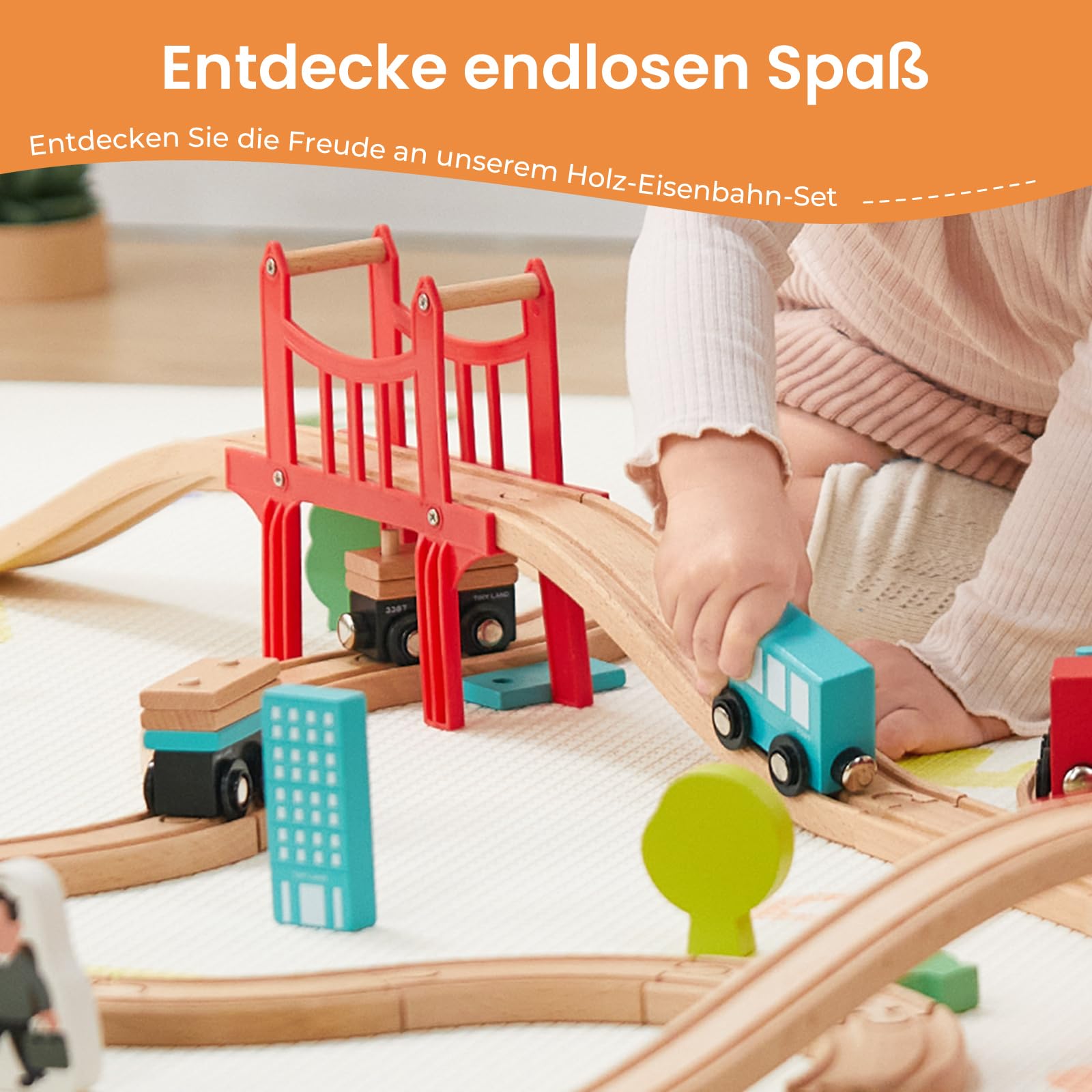 Tiny Land 39 Pcs Holzeisenbahn und Züge Pack Eisenbahn Anfängerset Kompatibel mit großen Marken Zugset Kleinkinderspielzeug empfohlen ab 3 Jahren