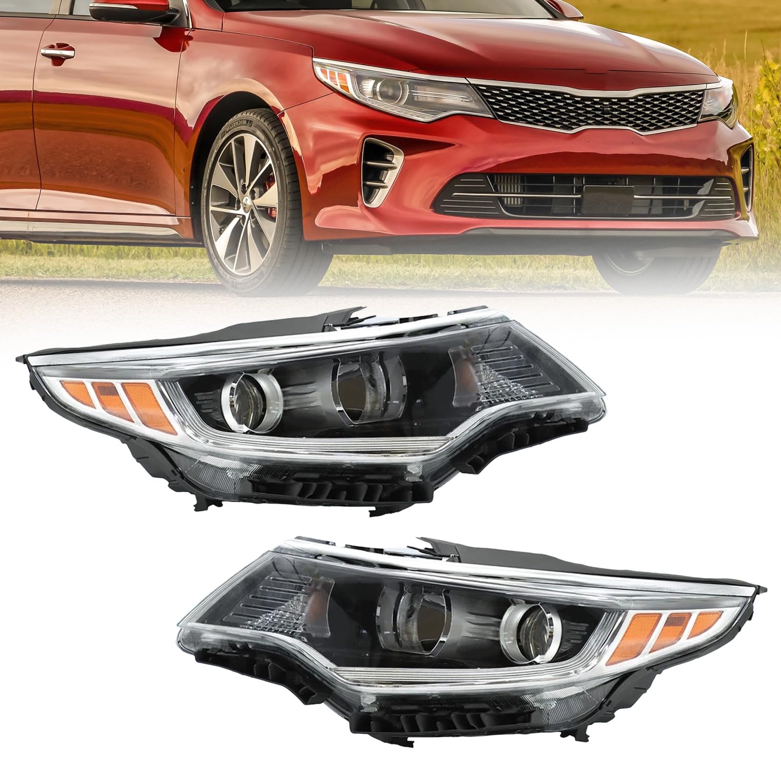 - Headlight Assembly Compatible with 2016 2017 2018 Kia Optima w/Bulbs Halogen Headlamp (Left and Right)