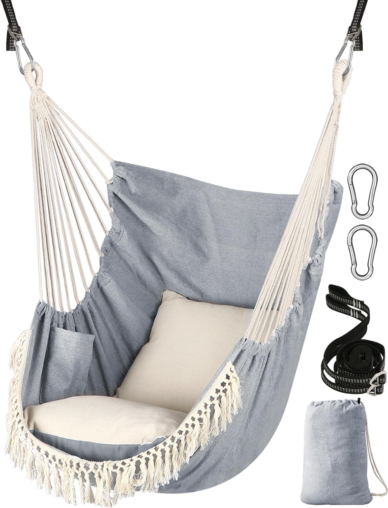 Hammock Chair Hanging Swing 2 Pillows Included,Strong Webbing Straps and Hooks for Easy Hanging Soft Cotton Hanging Chair Side Pocket Tassel Chair Comfort Indoor Outdoor Light Grey