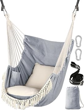 Chihee Hammock Chair Hanging Swing 2 Seat Cushions Included,Strong Webbing Straps and Hooks for Easy Hanging Soft Cotton Weave Hanging Chair Side Pocket Large Tassel Chair Set Comfort Indoor Outdoor