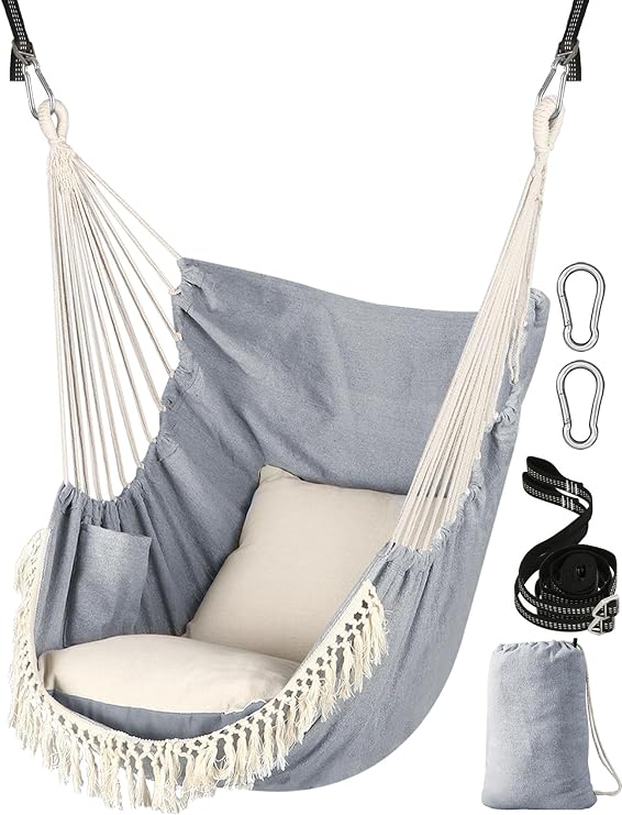 Chihee Hammock Chair Hanging Swing 2 Seat Cushions Included,Strong Webbing Straps and Hooks for Easy Hanging Soft Cotton Weave Hanging Chair Side Pocket Large Tassel Chair Set Comfort Indoor Outdoor