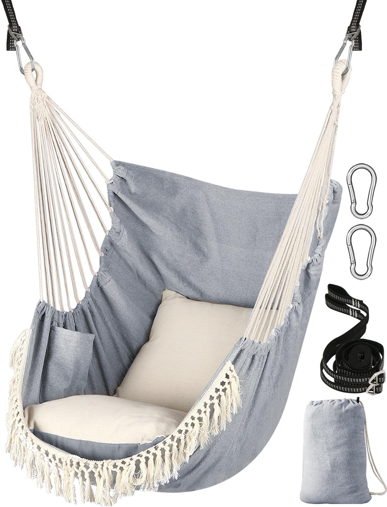 Chihee Hammock Chair Hanging Swing 2 Pillows Included,Strong Webbing Straps and Hooks for Easy Hanging Soft Cotton Hanging Chair Side Pocket Tassel Chair Comfort Indoor Outdoor Light Grey