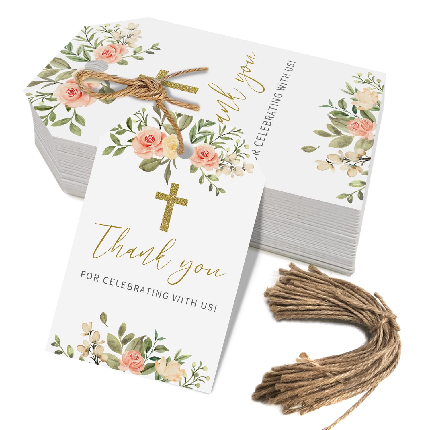 Baptism Thank You Tags, 50 Pcs Cross Design Thank You for Celebrating with Us Paper Tags for Newborn Baby Shower Birthday (Pink)