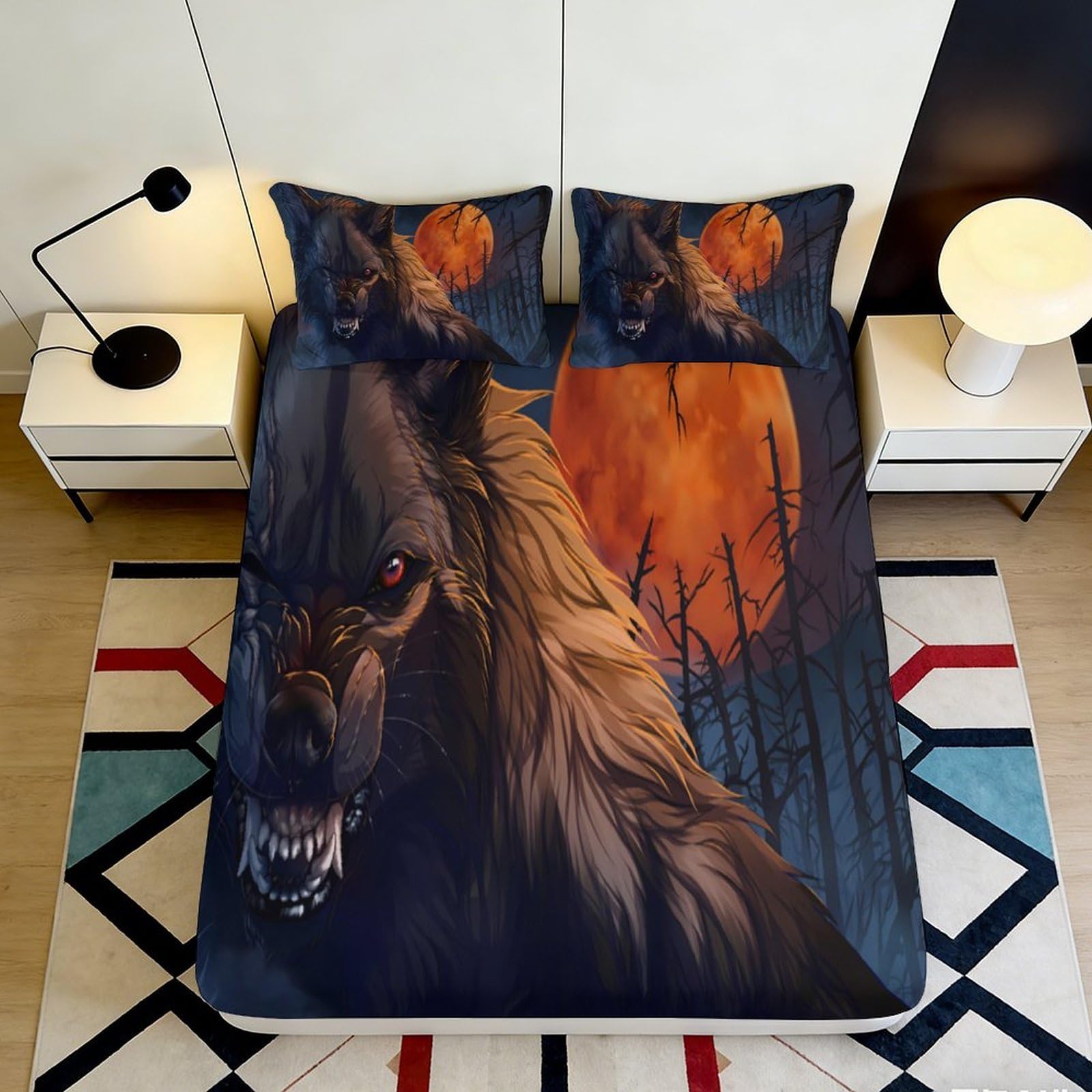 3D Printed Wolf Moon Fitted Sheet Microfiber Soft Mattress Cover Forest Night Decor for Bedroom Guest Room 120x200x25cm