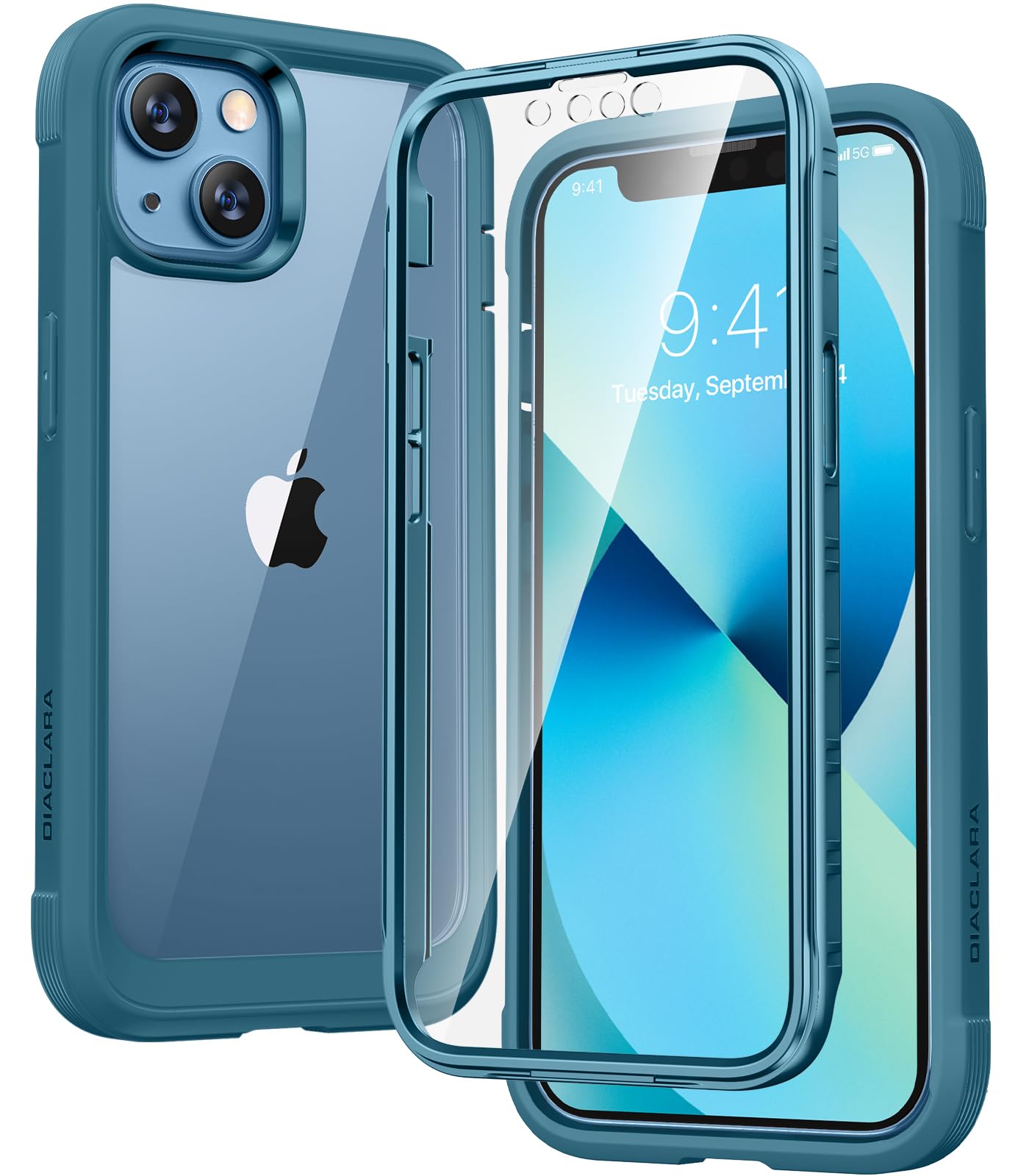 Diaclara Designed for iPhone 13 Case, Full Body Rugged with Built-in Touch Sensitive Anti-Scratch Screen Protector, Soft TPU Bumper Case for iPhone 13 6.1" (Blue and Clear)