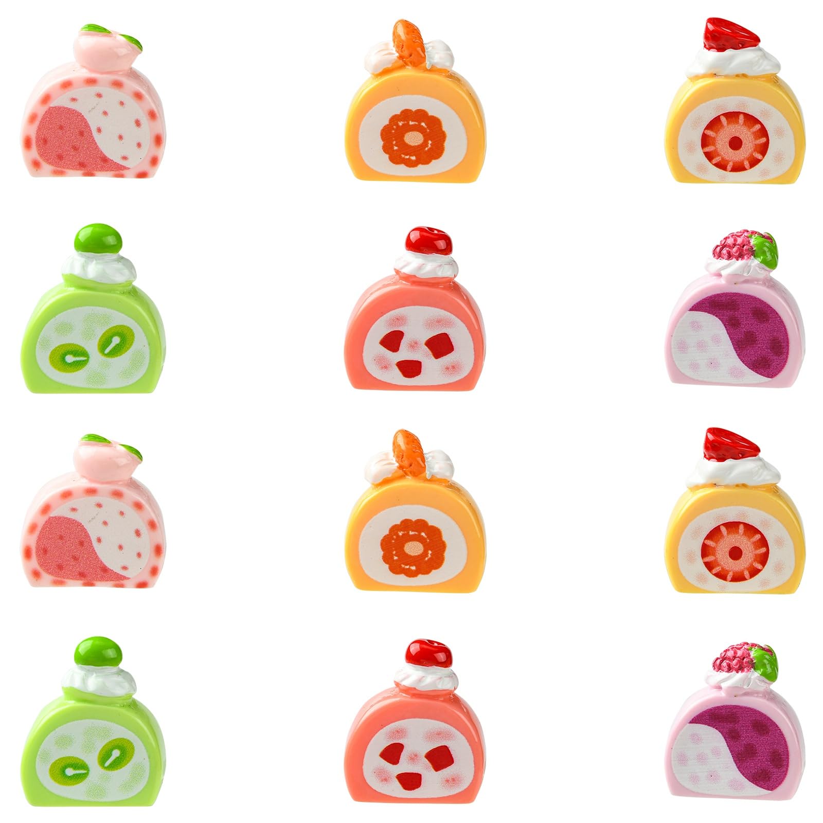 Stiesy 36 Pcs 6 Styles Cute Cake Shape Resin Slime Charms 3D Imitation Sweet Food Rolling Cake Sculpture Display Decorations DIY Jewelry Making House Decorations