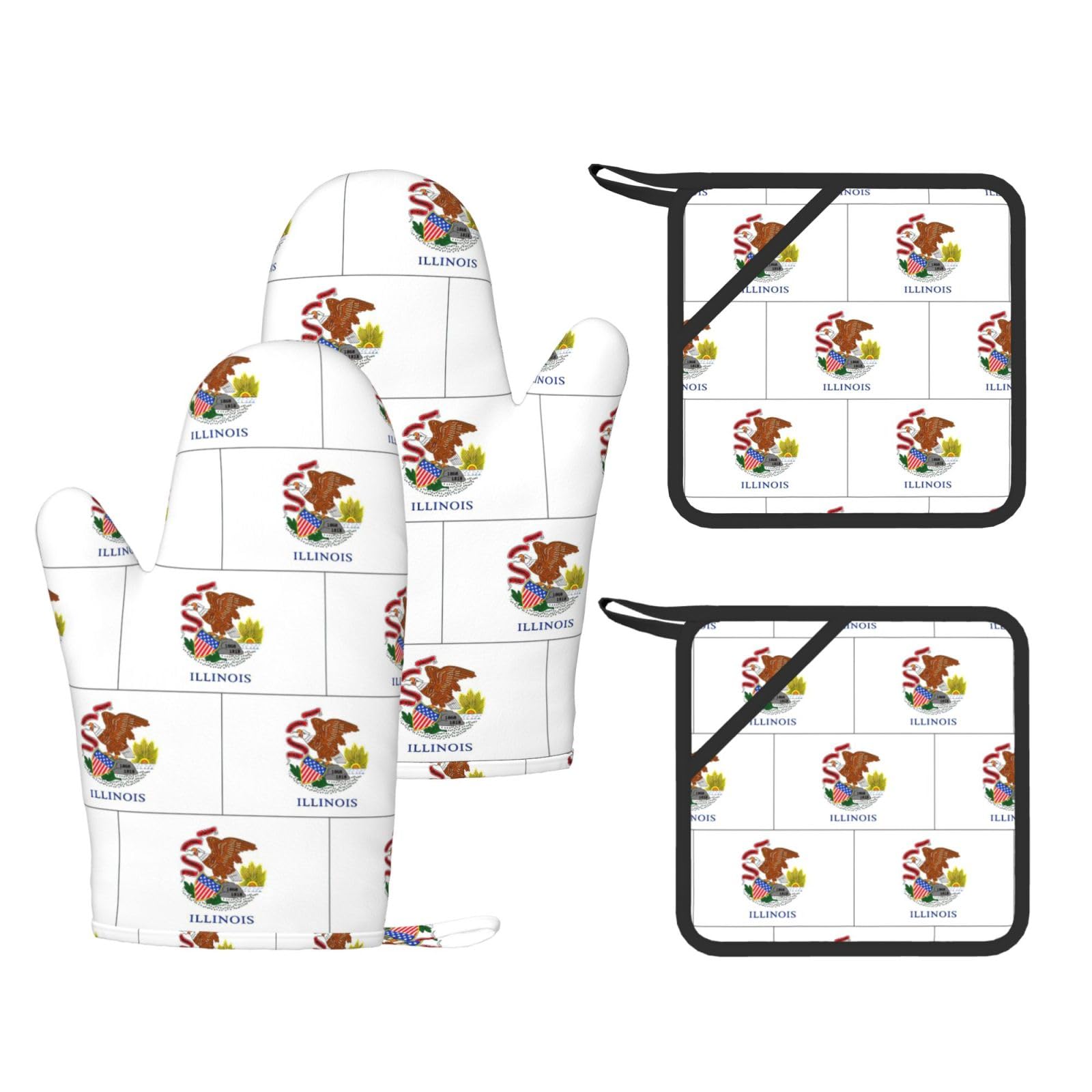 Illinois State Flag Printed Oven Mitts with Pocket and Hot Pads, Silicone Non-Slip Kitchen Gloves for Baking BBQ