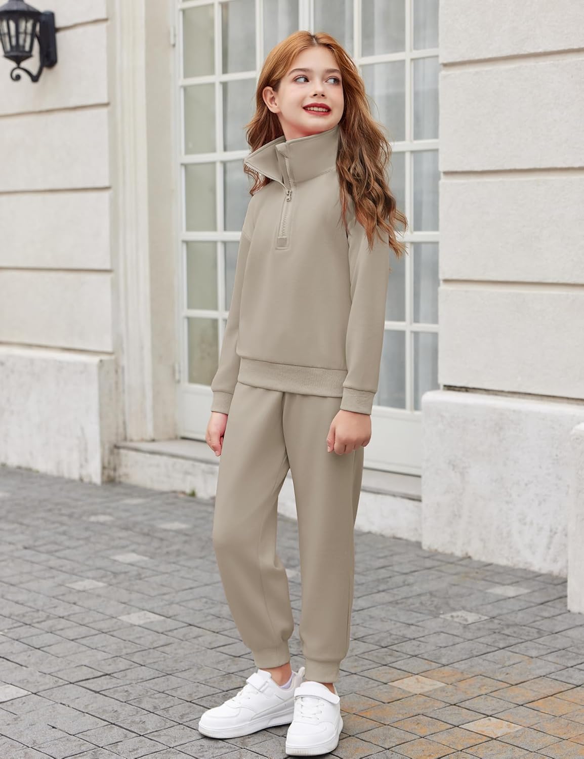 Arshiner Girls 2 Piece Outfits Sweatsuit Set Half Zip Lapel Collar Long Sleeve Sweatshirt Sweatpant Tracksuit Sets - Image 3