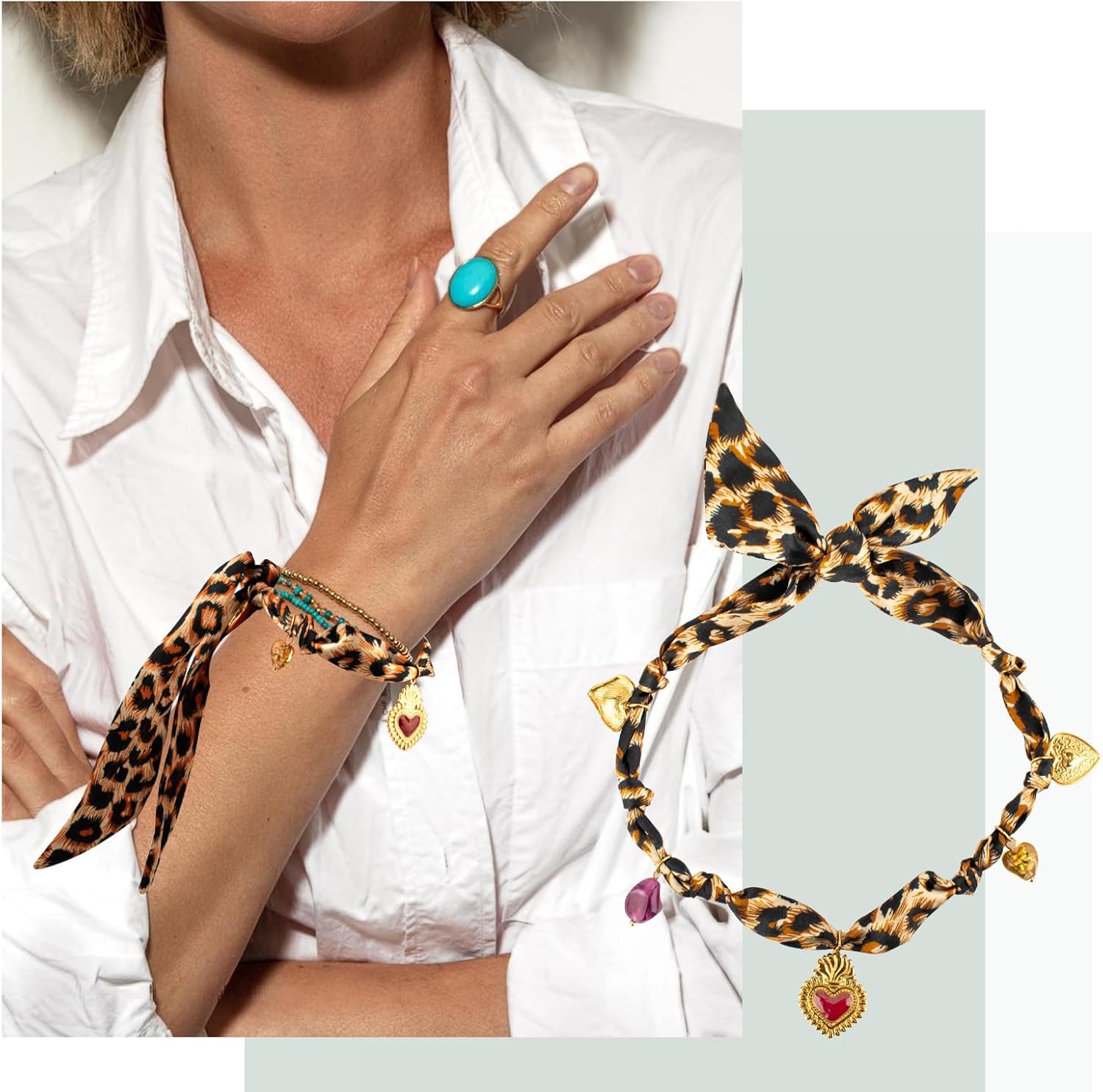 Scarf Necklace with Charm 2 Pack Silk Bandana Charm Necklace for Women Pendant Necklace with Red Heart Leopard Charms Vintage Jewelry Ideal Gift for Lady Birthday Christmas Mother's Day - Image 3