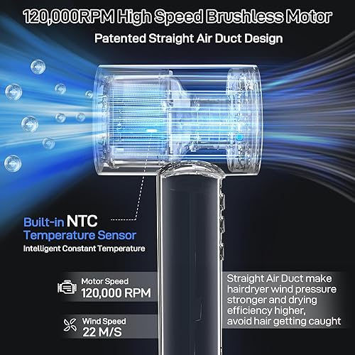 Miniatura 4 de CIICII Secador de pelo iónico negativo profesional, secador de pelo de alta velocidad de 120000 RPM (1600 W sin escobillas3 velocidades4