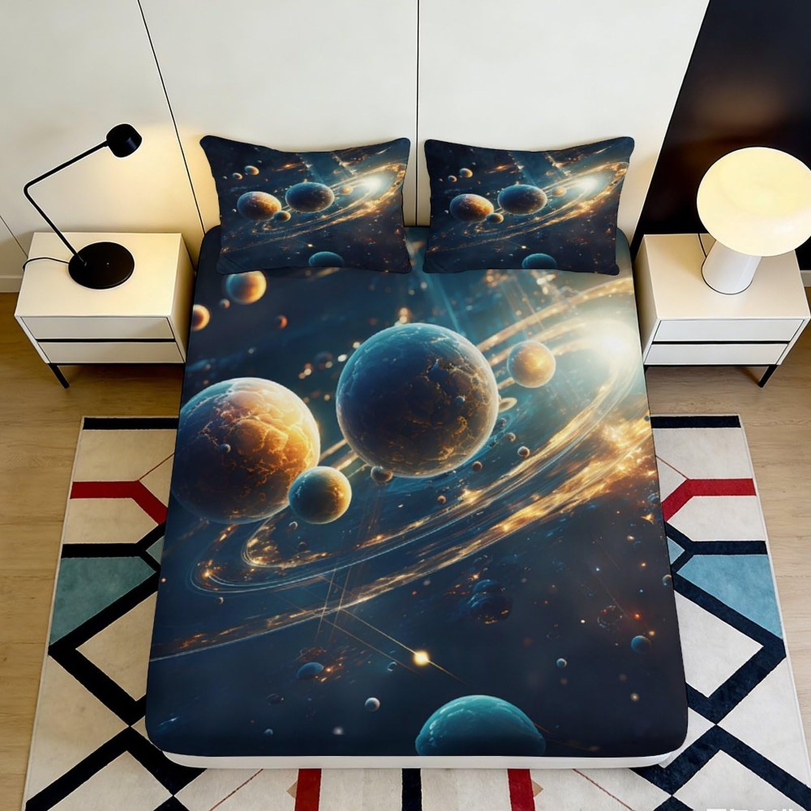 Wtorimpel Style-4 3D Printed Galaxy Theme Fitted Sheet Microfiber Deep Pocket Non-Slip Bedroom Bedding Set Space Mattress Fitted Cover 90X200x25cm