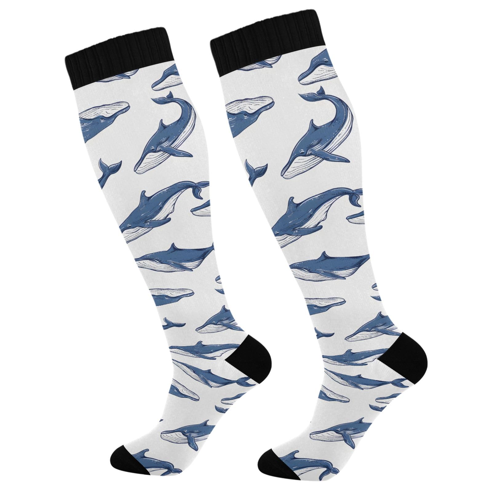 ALAZA Athletic Compression Socks Knee High Socks Stockings for Women Blue Whales Running Circulation Sport Football