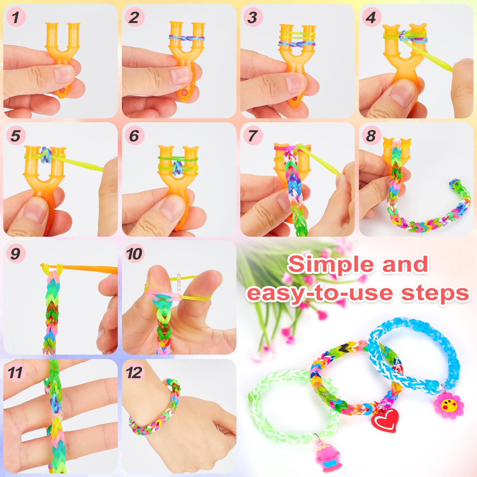 Sofore Elastici per Braccialetti, 5000+ Kit Braccialetti Elastici Colorati per Bracciale Loom Bands Kit 54 griglia fai da te Bambina Elastici di Gomma Bracciale Giochi Ragazza