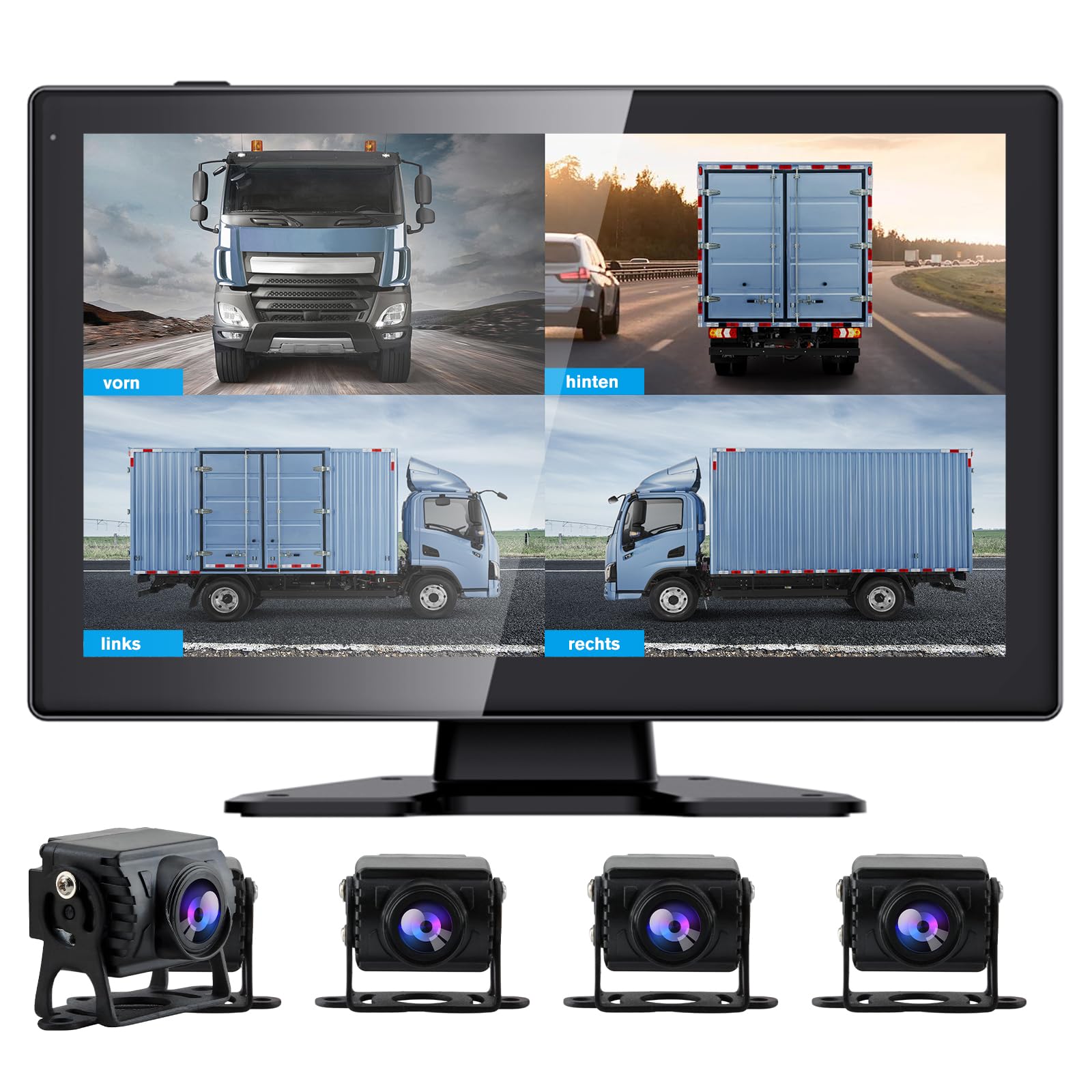 Junsun Rückfahrkamera 4 Kameras mit 10,1 Zoll Geteiltem Bildschirm HD Rückfahrmonitor für Auto, LKW, Bus & Wohnmobil, Rückfahrassistent, Dashcam