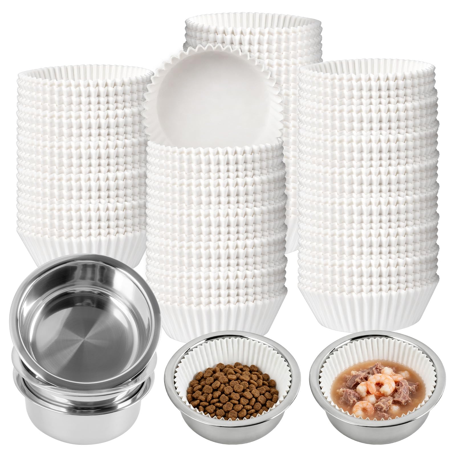 Supkiir Disposable Cat Bowls Set, 1000 Pcs Paper Cat Feeding Bowl Liners and 5 Pcs Stainless Steel Pet Bowls, Small Paper Disposable Pet Food Bowl for Small Dogs Cats, Puppy Kitten and Dry or Wet Food
