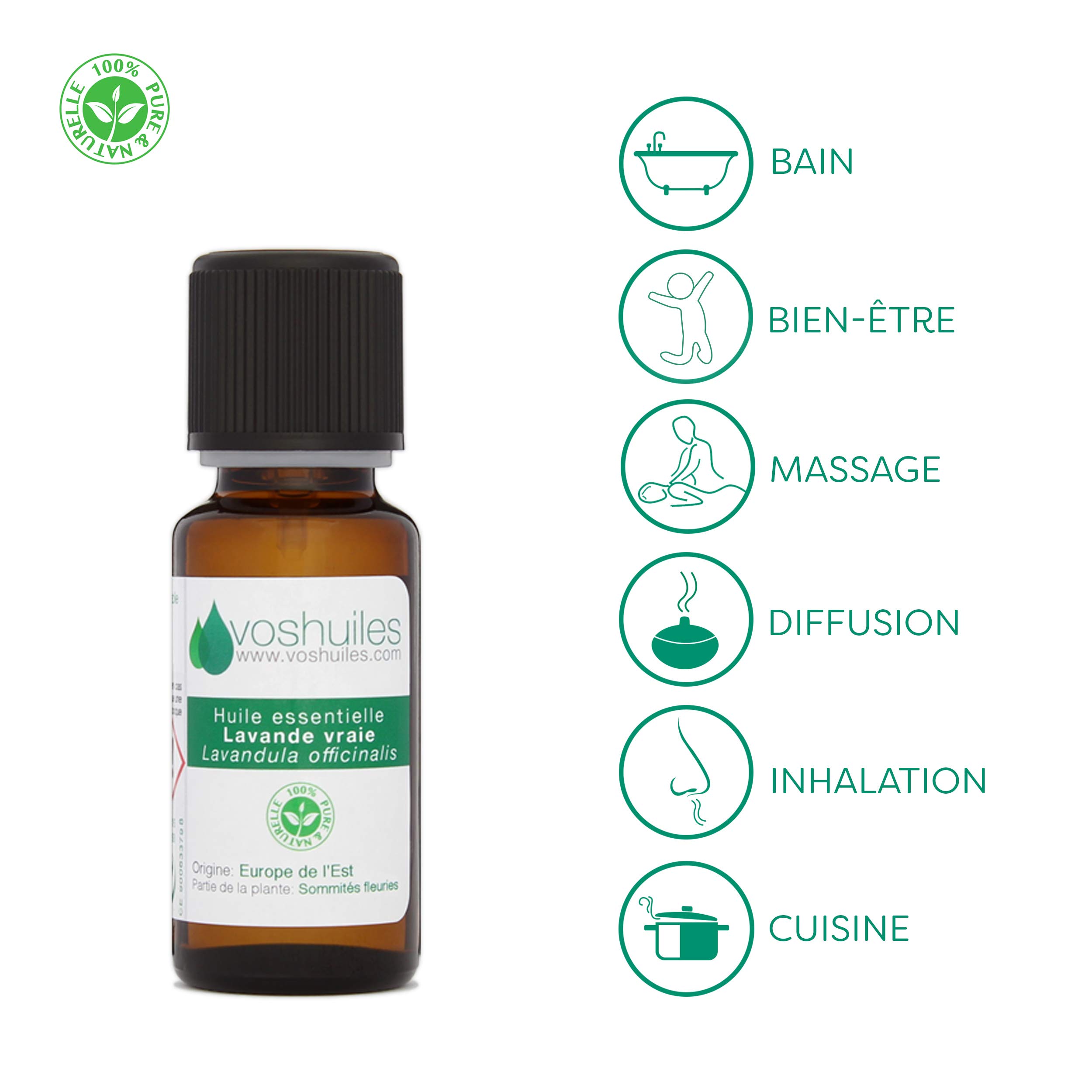 VOSHUILES - Olio Essenziale di Lavanda Vera - 125ml | Ideale in Diffusione - Uso Versatile - 100% Puro e Naturale - HEBBD - Azienda Francese