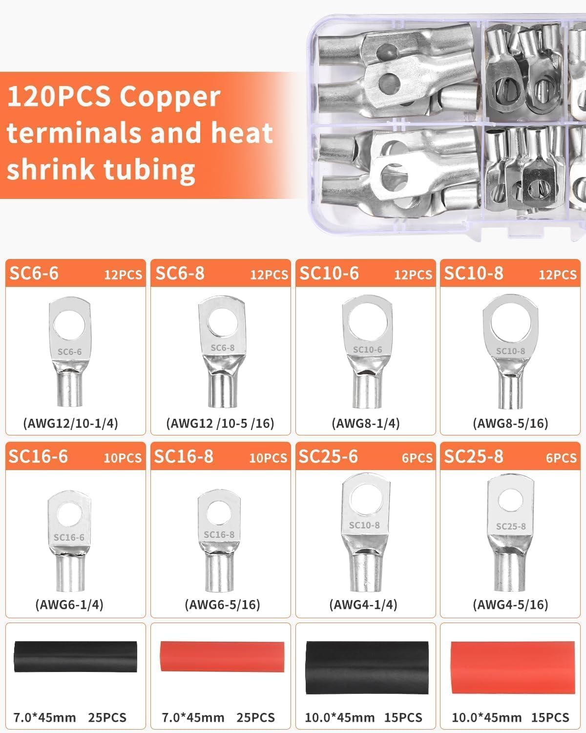 Pinza Crimpatrice, Pinza capicorda AWG 10-0, 6/10/16/25/35/50 mm²Crimpatrice Capicorda con 60 PCS terminali ad anello in rame + 60 PCS tubo termorestringente Potente pinza a crimpare