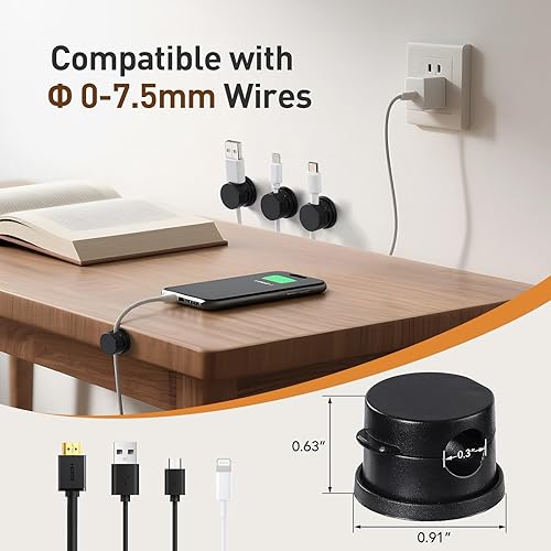 Miniatura 4 de AGPTEK Paquete de 8 clips magnéticos para cables, clips giratorios de 360° actualizados para sujetar cables en mesita de noche, organizador de Negro