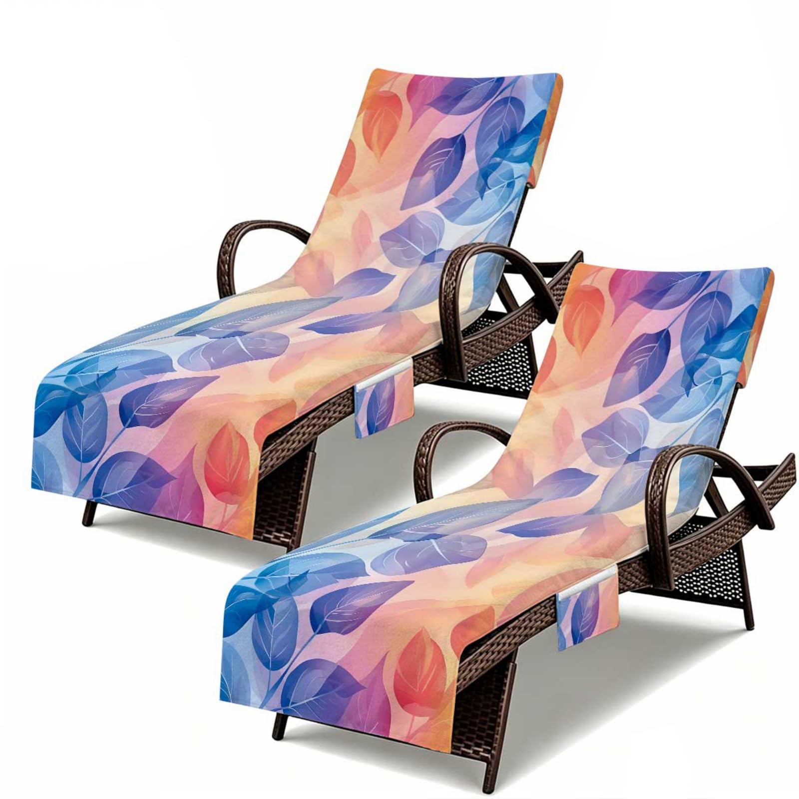 Lot de 2 Serviettes de Plage pour Transat avec Poches Latérales, (Feuilles Bleues,210x74cm)
